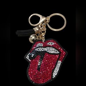 Red and Black Rhinestone Rolling Stones Bag Charm | Keychain